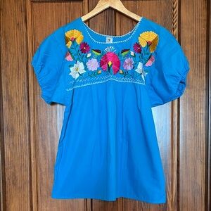 Blue Embroidered Women's Peasant Top